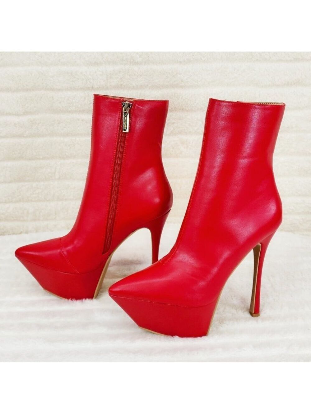 Kinder Pointy Toe Platform Stiletto Heel Ankle Boots Red Vegan Leather